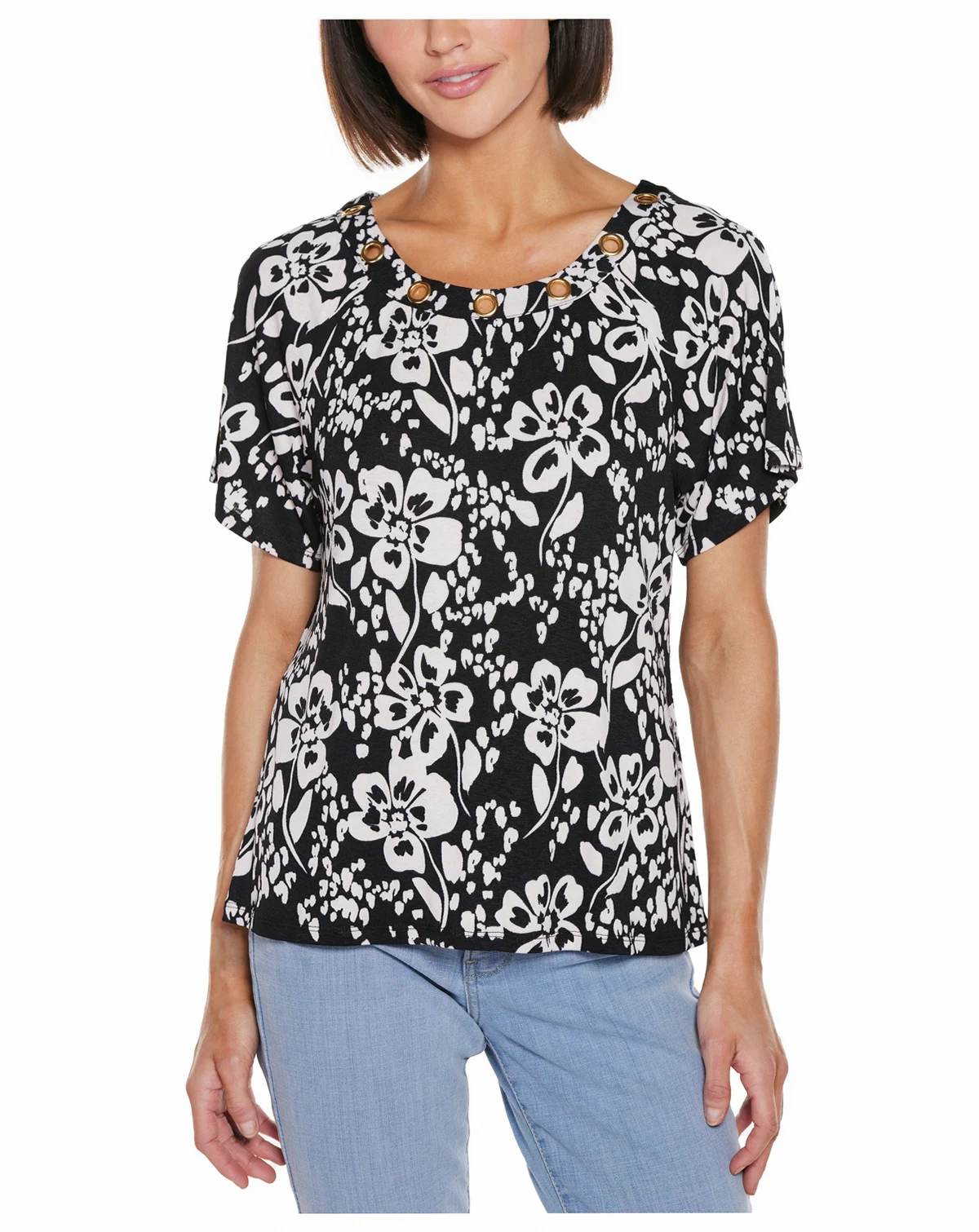 Women's Grommet Detail Floral Short Sleeve Knit Top