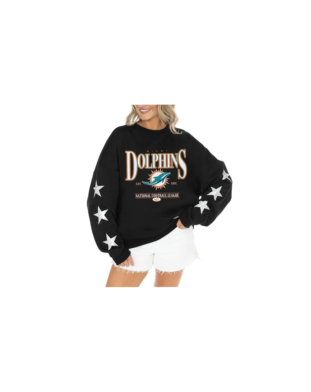 Women's Black Miami Dolphins Rhinestone Star Sleeve Settle the Score Tri-Blend Pullover