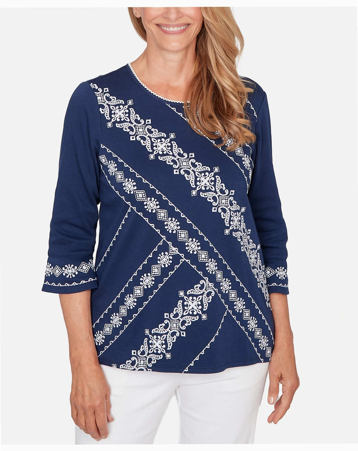Women's  Mykonos Diagonal Scroll Embroidered Crew Neck Top