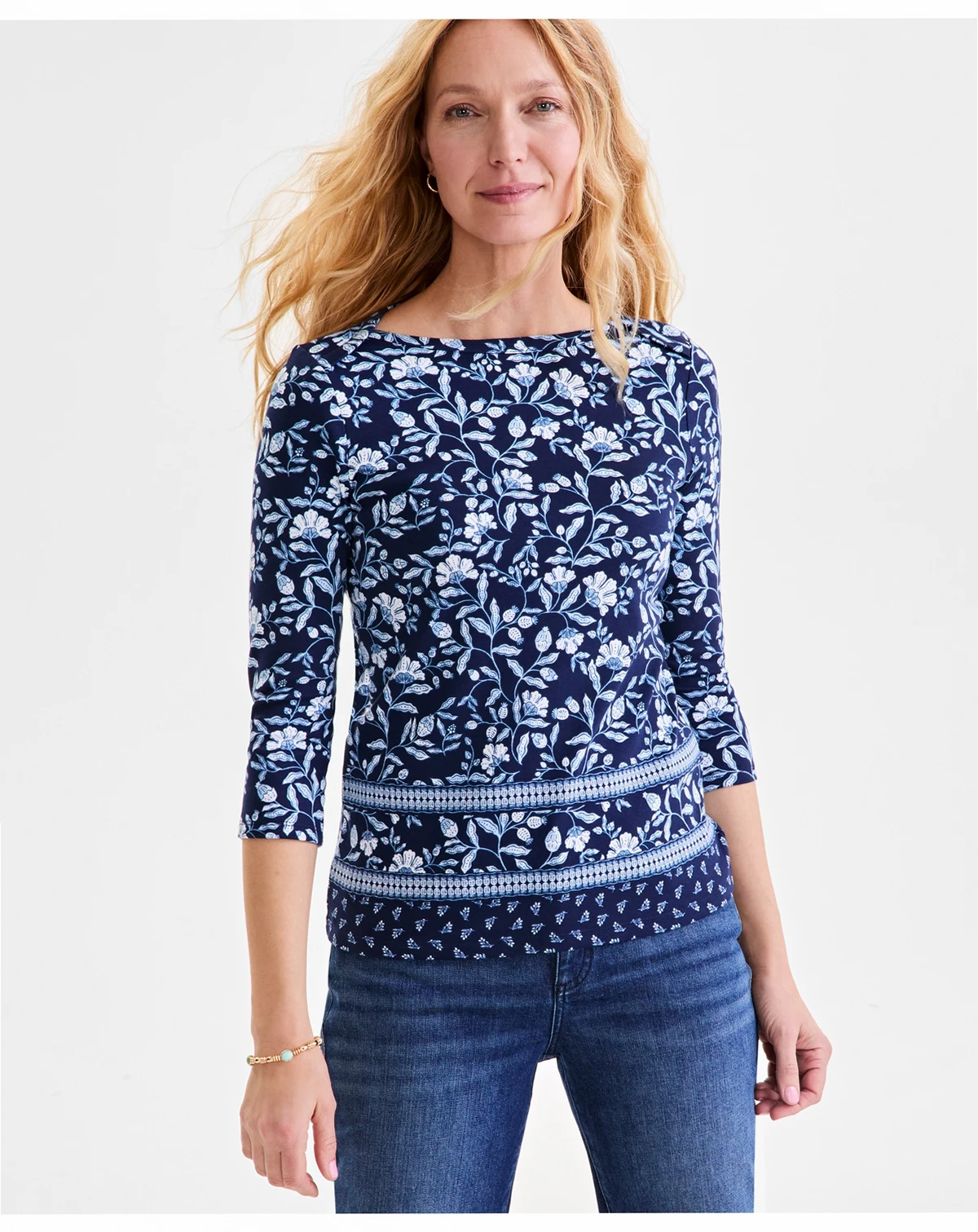 Petite Pima Cotton Floral Medallion 3/4-Sleeve Top, Exclusively at Macy's