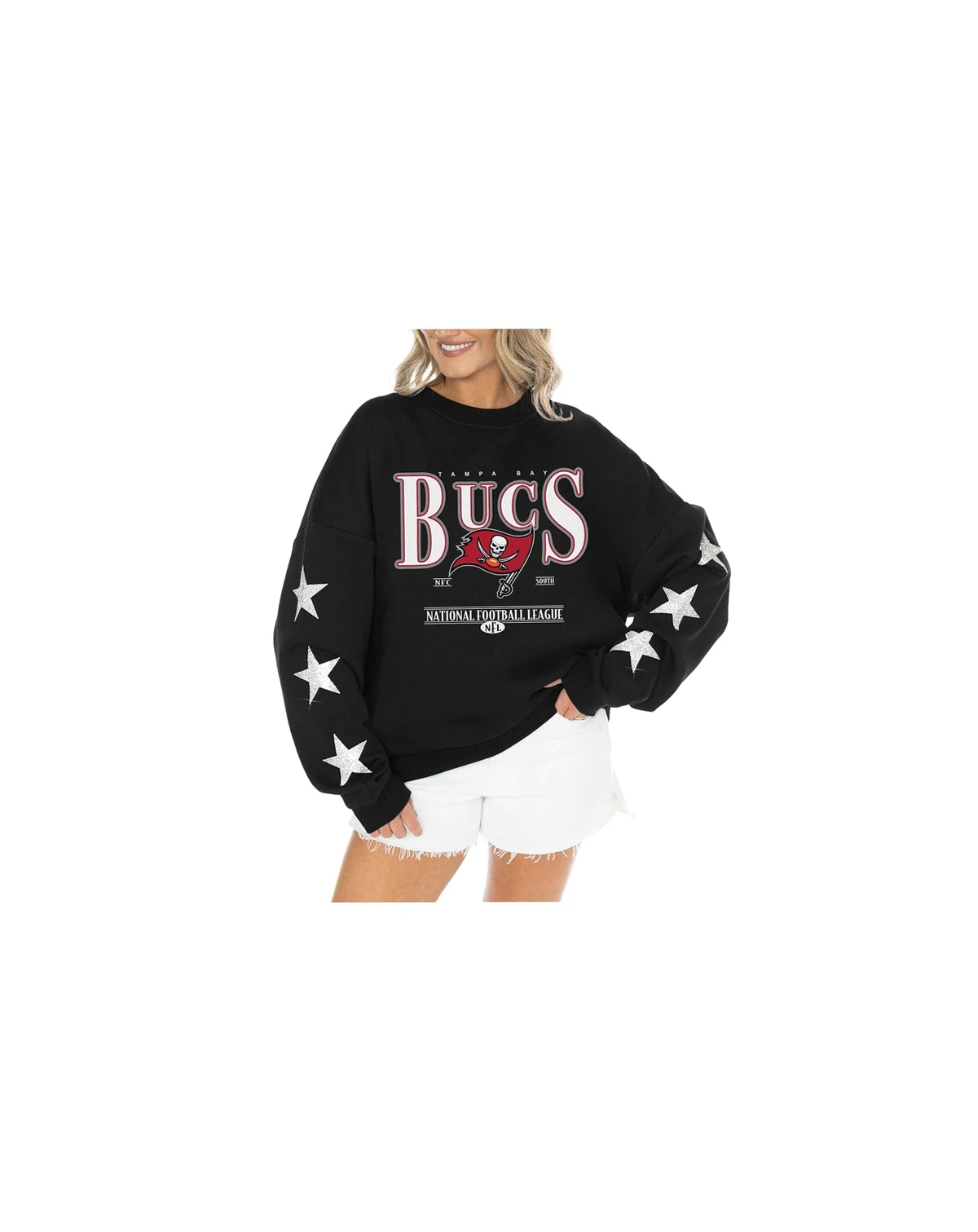 Women's Black Tampa Bay Buccaneers Rhinestone Star Sleeve Settle the Score Tri-Blend Pullover