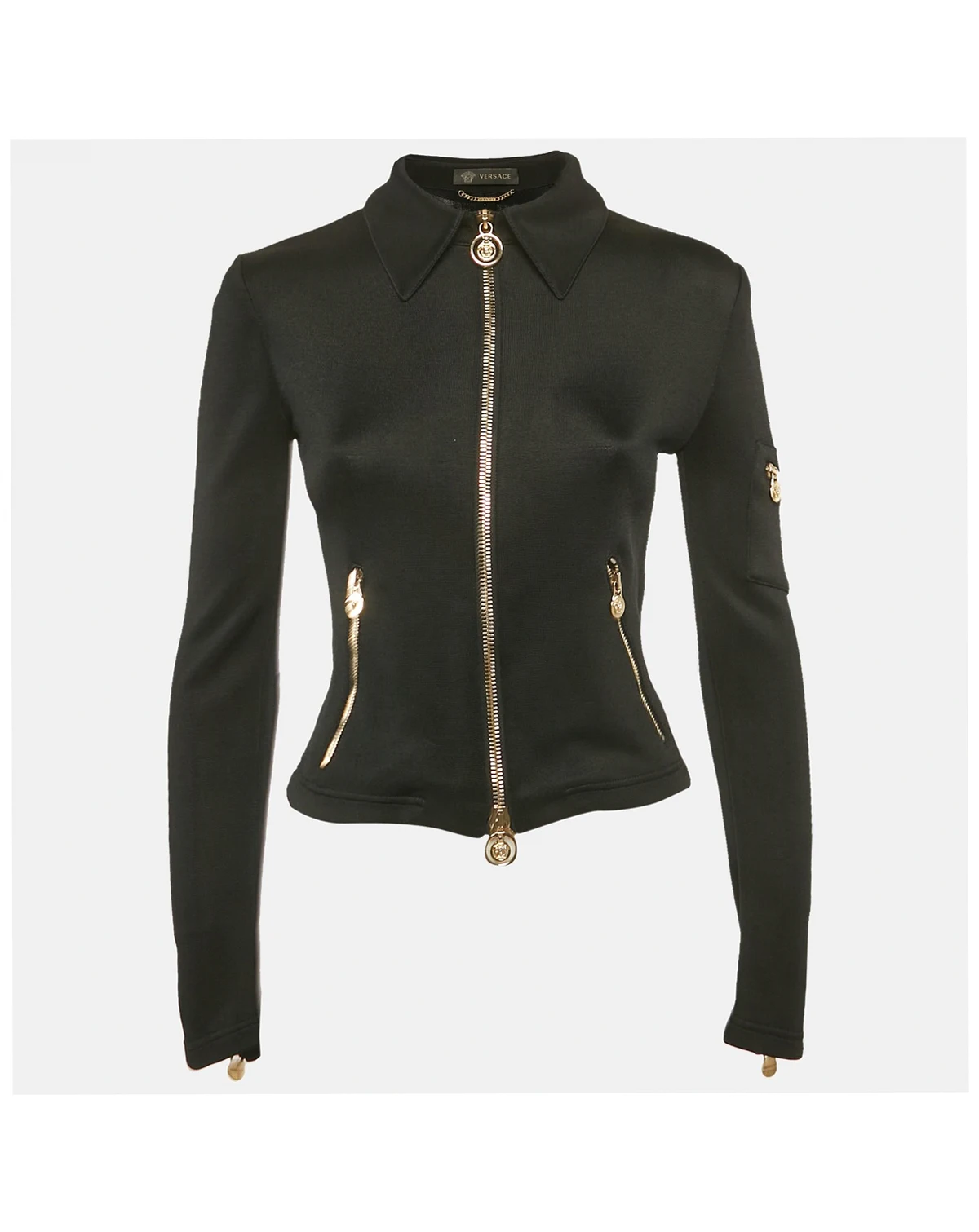 Women's Black Stretch Knit Medusa Hardware Detail Cropped Jacket