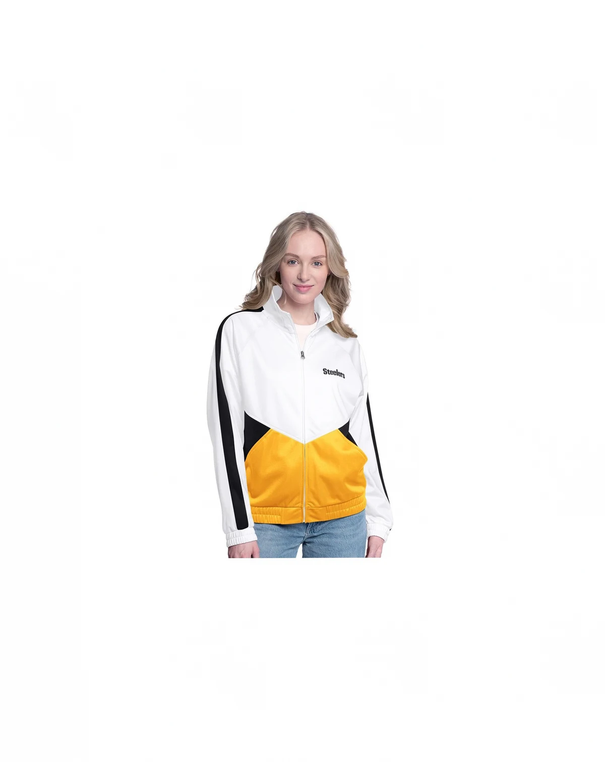 Women's White/Black Pittsburgh Steelers Rally Rhinestone Full-Zip Track Jacket