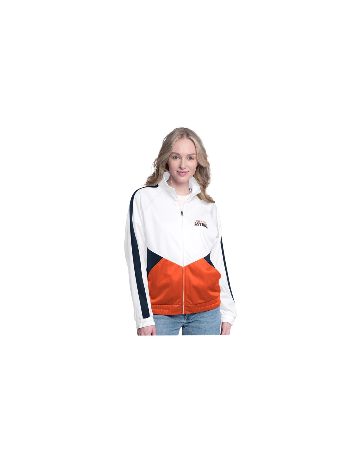 Women's White/Navy Houston Astros Rally Rhinestone Raglan Full-Zip Track Jacket