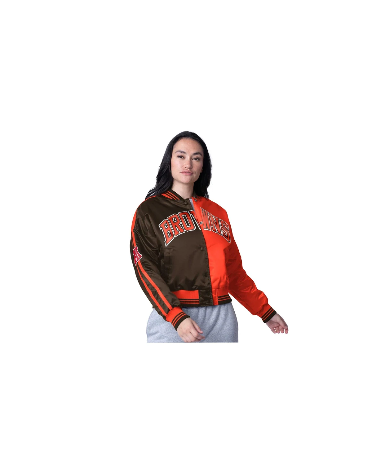 Women's Brown/Orange Cleveland Browns Zone Blitz Cropped Full-Snap Satin Jacket
