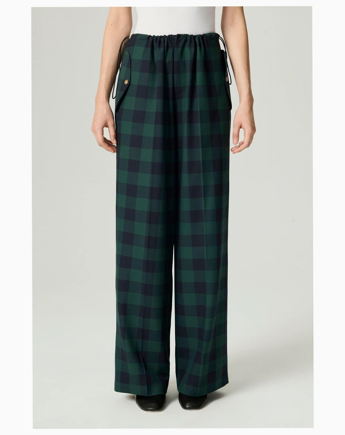 Women's Emerald Check Drawstring Wide-Leg Pants