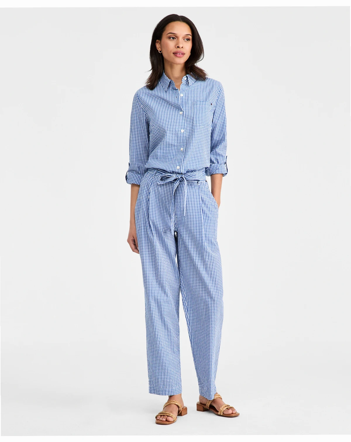 Women's Gingham Belted Tapered Pants