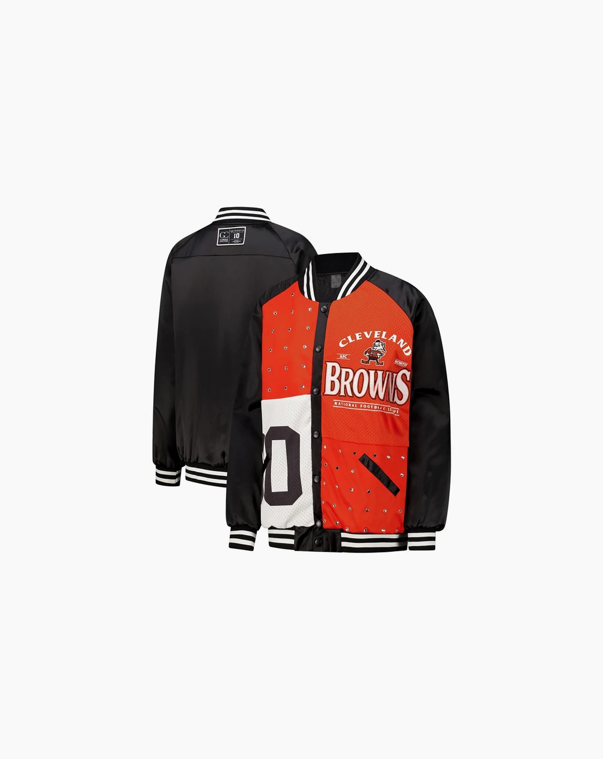 Women's Black/Orange Cleveland Browns Oversized Hot Shot Rhinestone Throwback Full-Snap Varsity Bomber Jacket