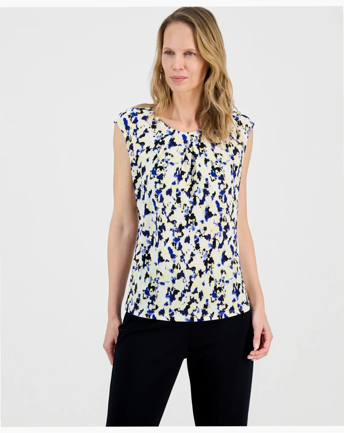 Women's Printed Pleat-Neck Extended-Sleeve Top, Regular & Petite