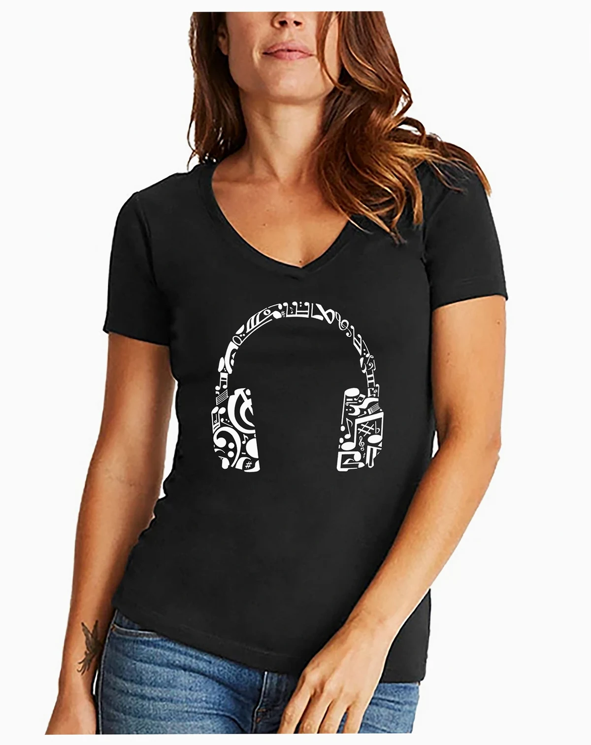 Women's Word Art Music Note Headphones V-Neck T-Shirt