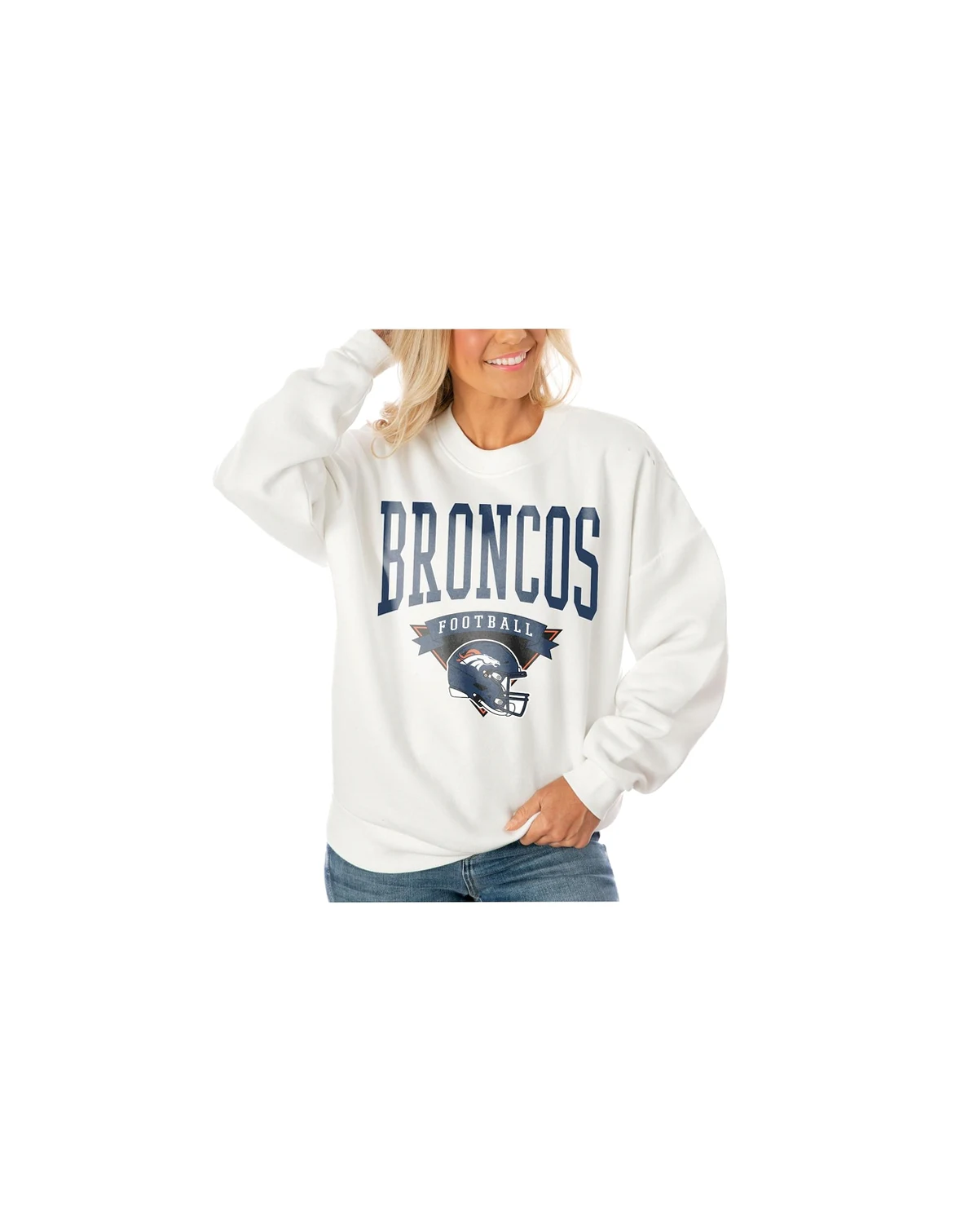 Women's White Denver Broncos Oversized Yard Line Tri-Blend Pullover Sweatshirt