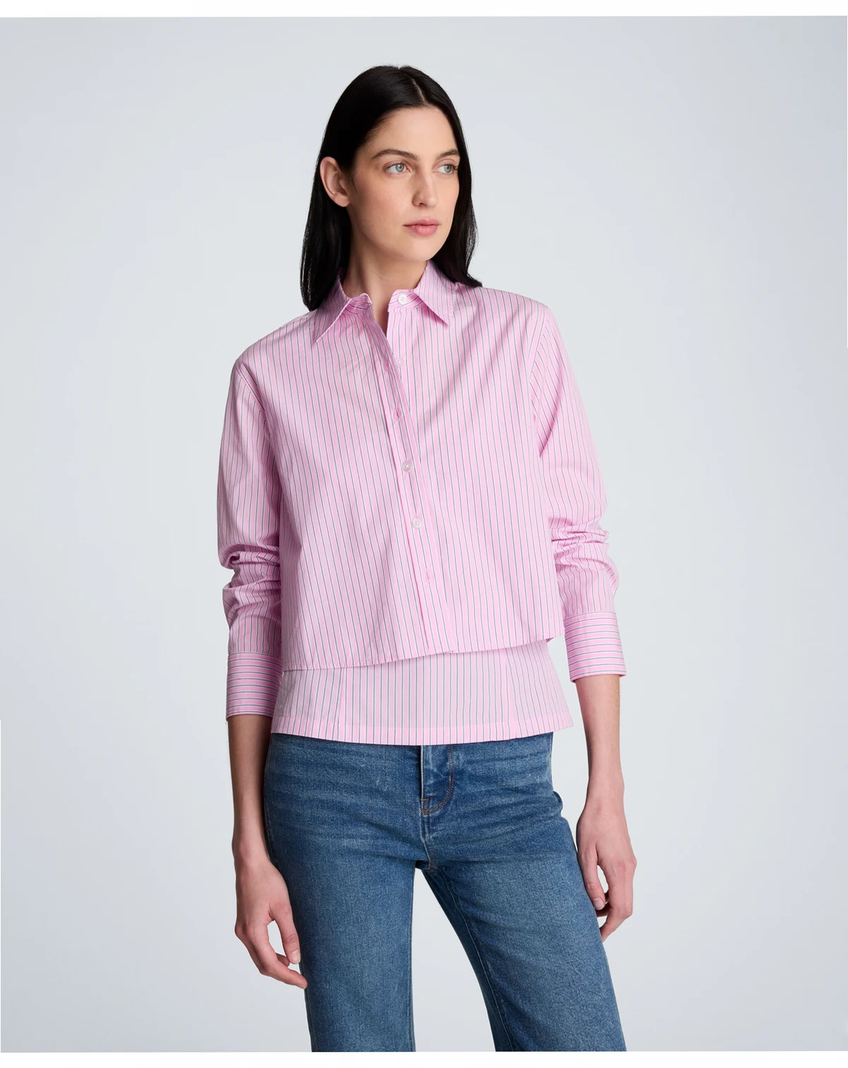 Striped Poplin Cropped Long Sleeve Button Front Shirt