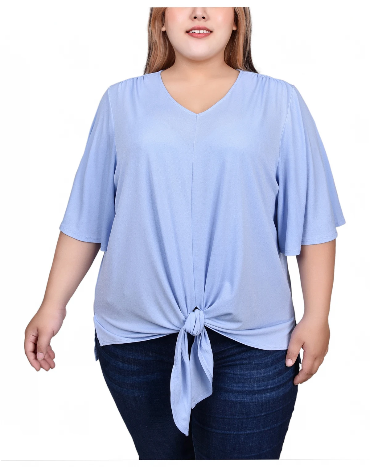 Plus Size Elbow Sleeve Tie-Front Top