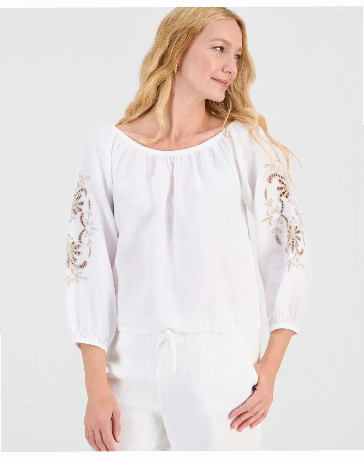 Women's 100% Linen Tile On-Off-Shoulder 3/4-Sleeve Top, Macy's Exclusive