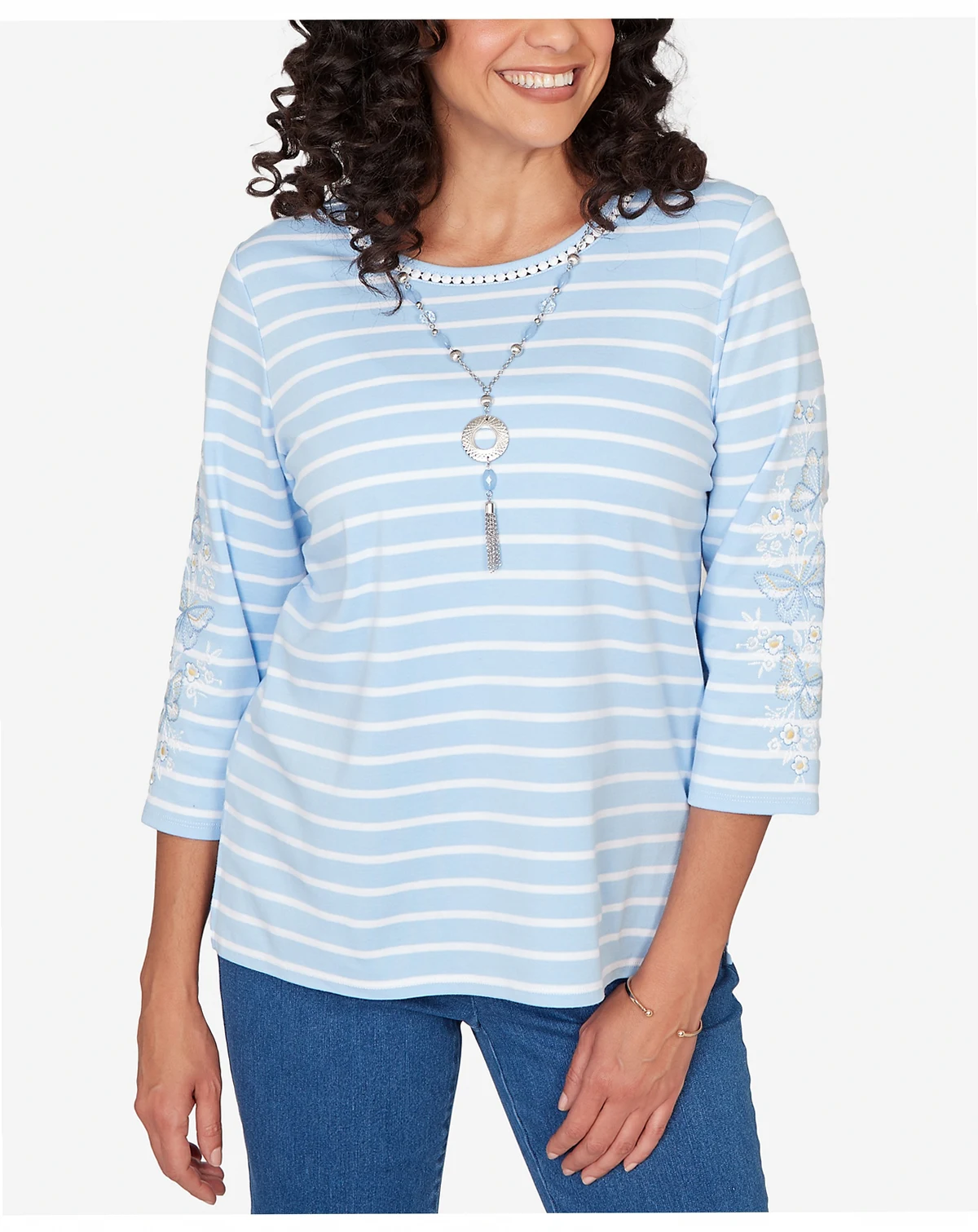 Women's Classic Stripe Cornflower Embroidered Sleeve Top with Necklace
