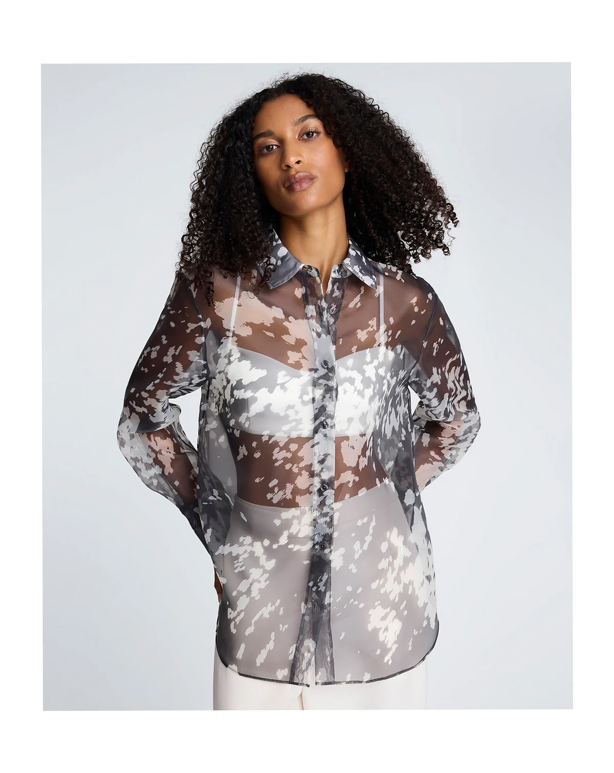 Women's Printed Sheer Button-Front Long-Sleeve Shirt