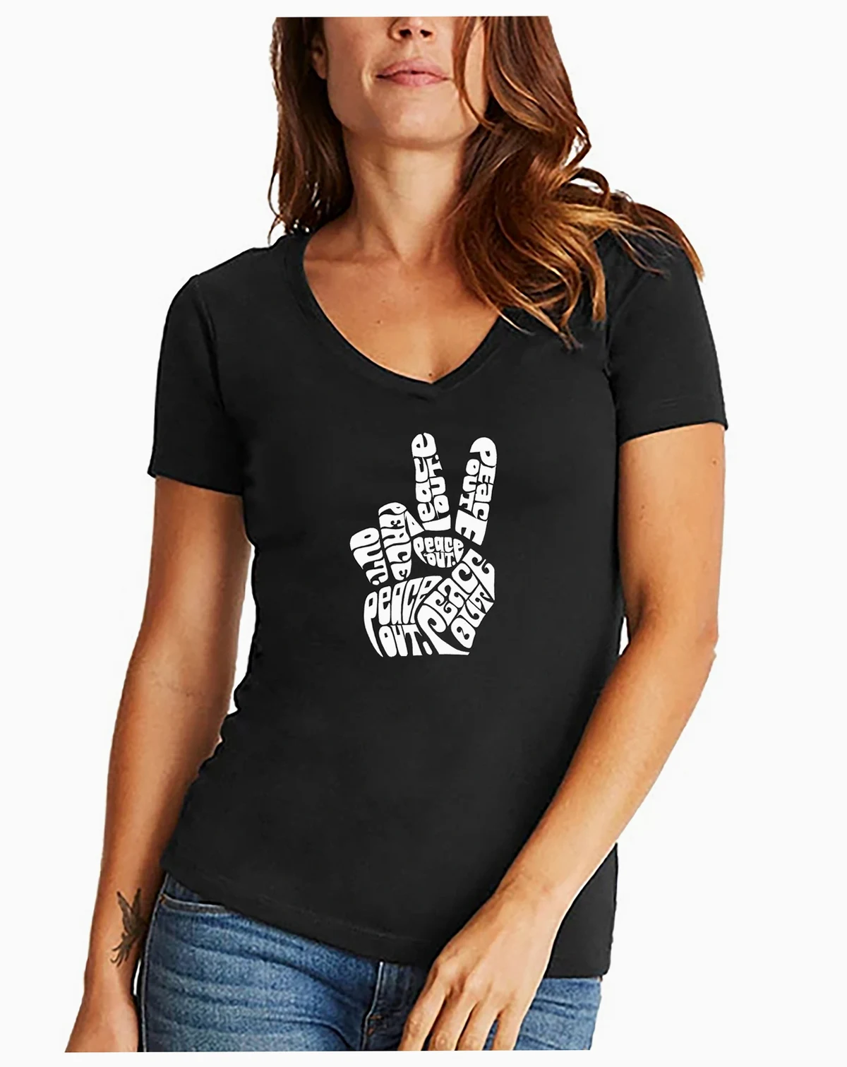 Women's V-neck Word Art Peace Out T-shirt