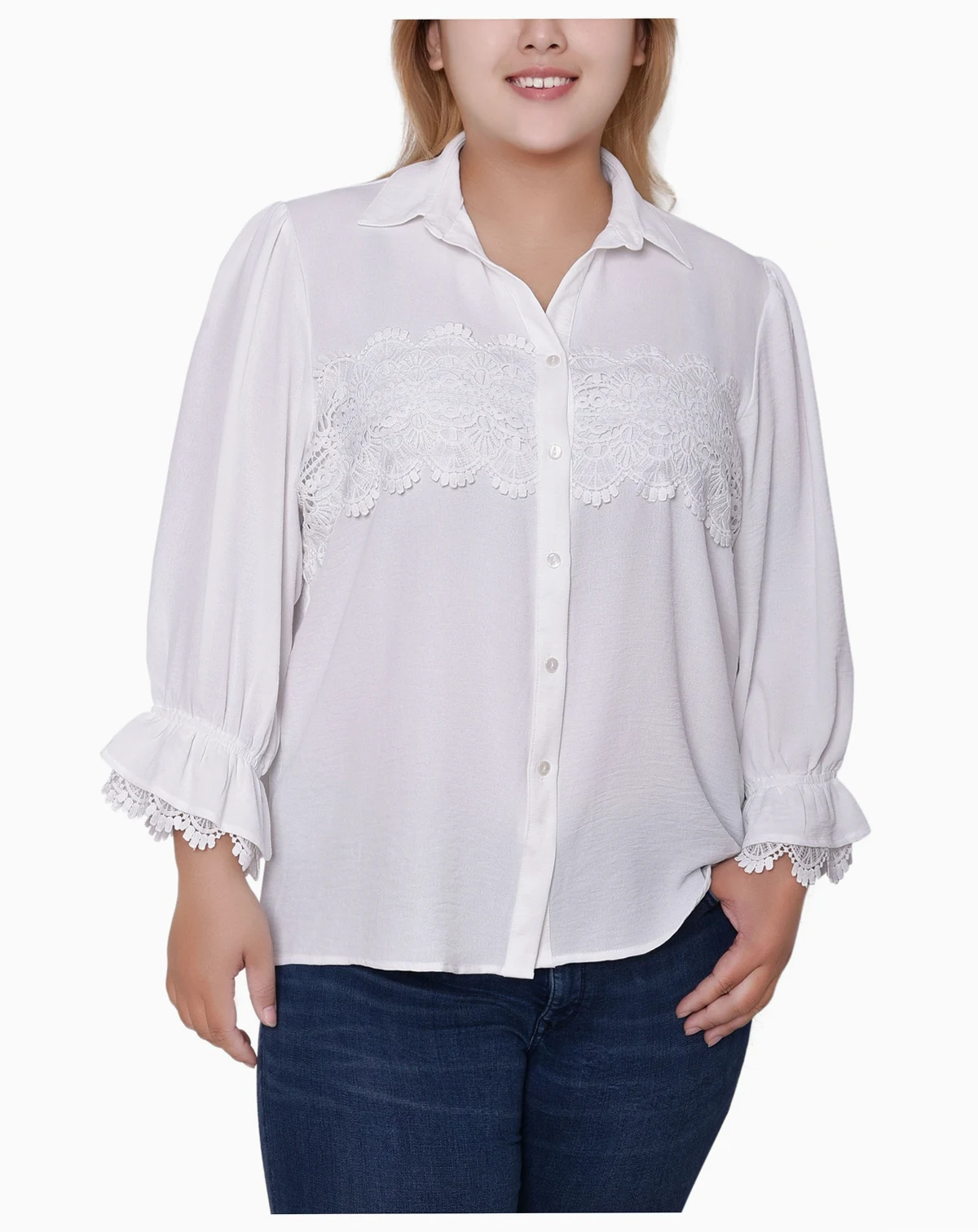 Plus Size 3/4 Sleeve Blouse With Lace Details Top