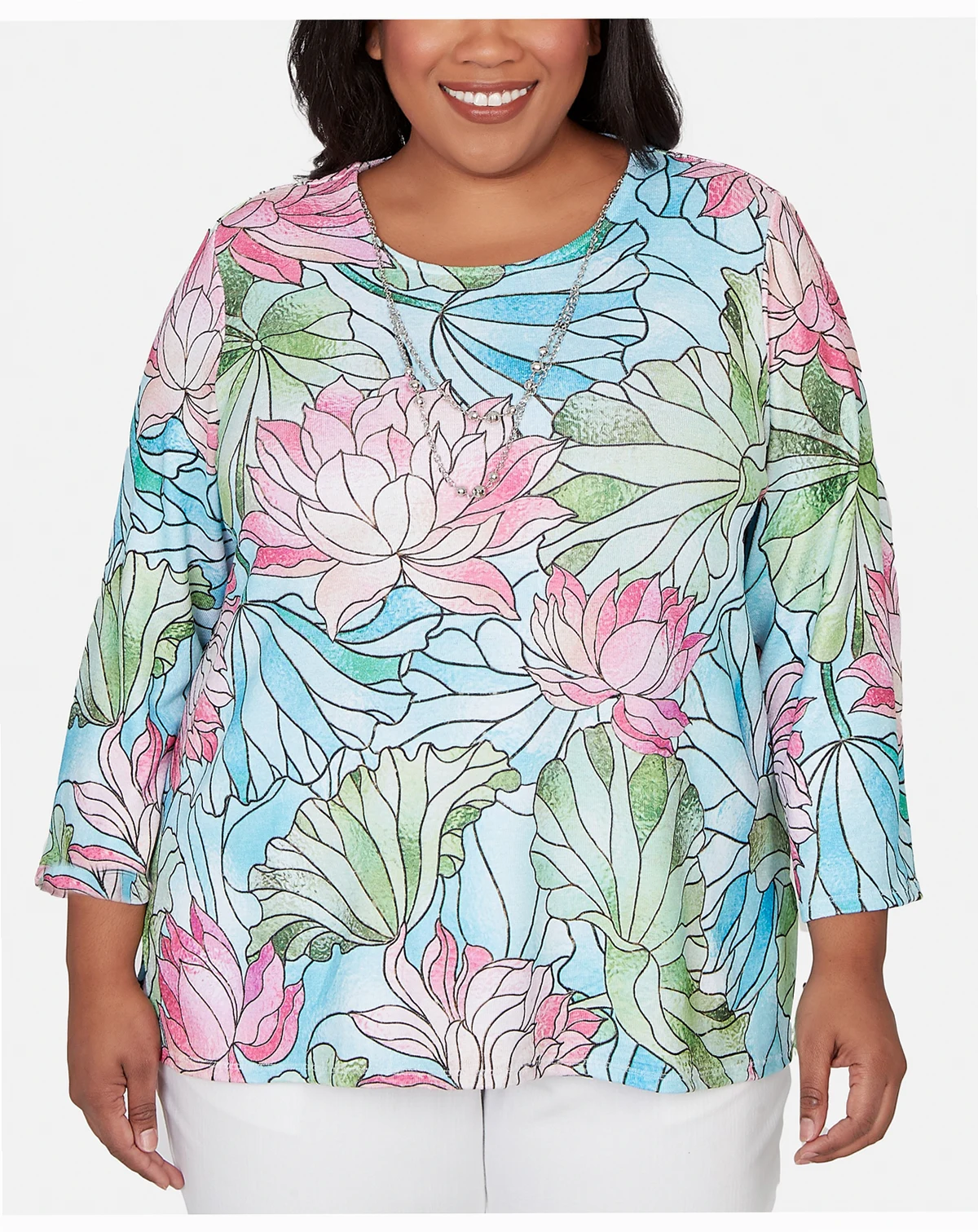 Plus Size Classic Stained Glass Floral Print Top with Necklace