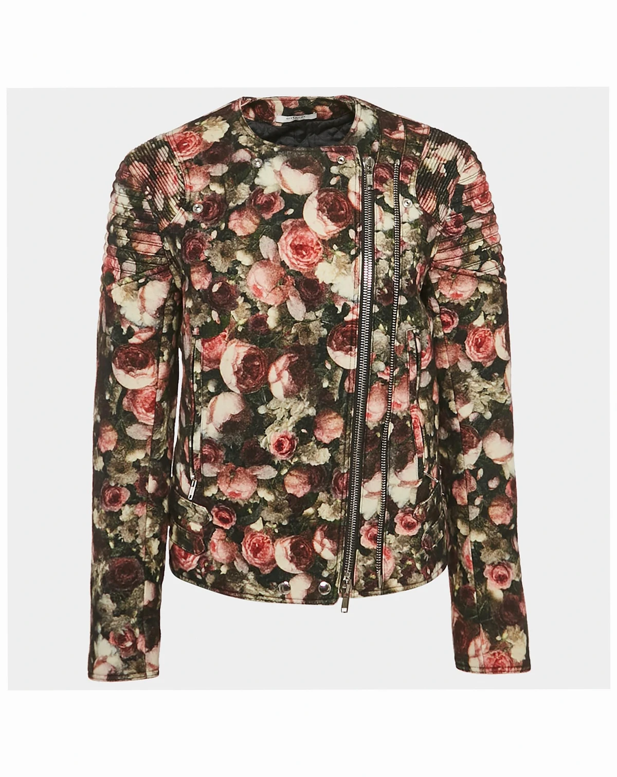 Women's Black Floral Print Felt Zip-Up Jacket