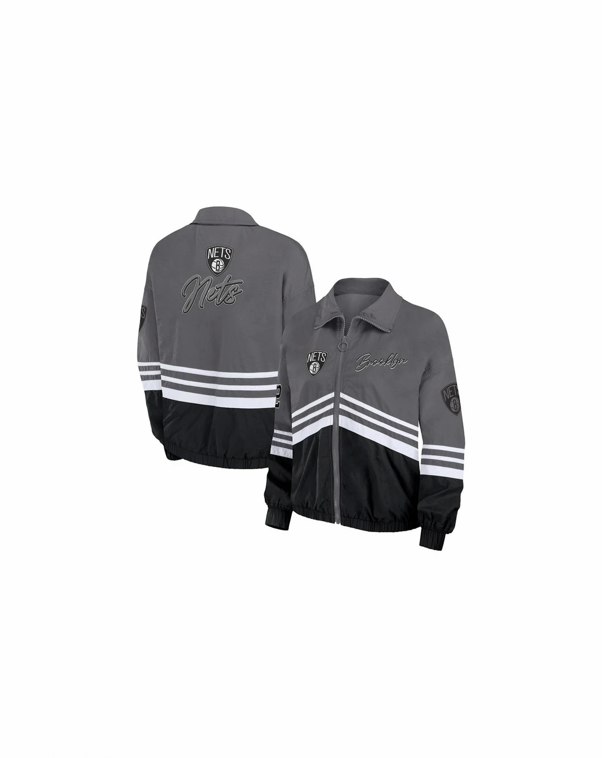 Women's Silver Distressed Brooklyn Nets Vintage-Like Full-Zip Windbreaker