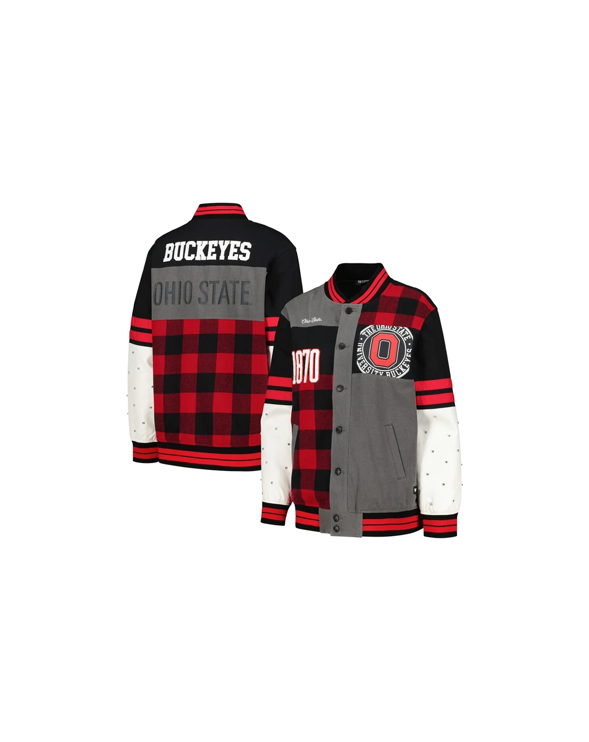 Women's Black Distressed Ohio State Buckeyes Multi Vintage-Like Button-Up Bomber Jacket