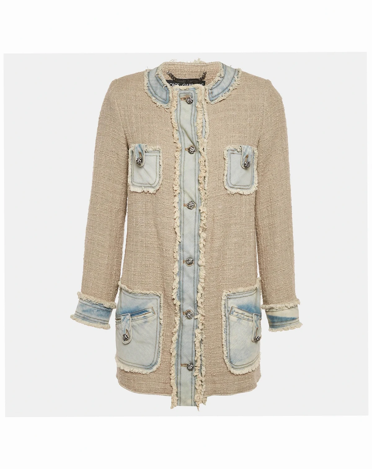Women's Beige Denim Trim Tweed Jacket