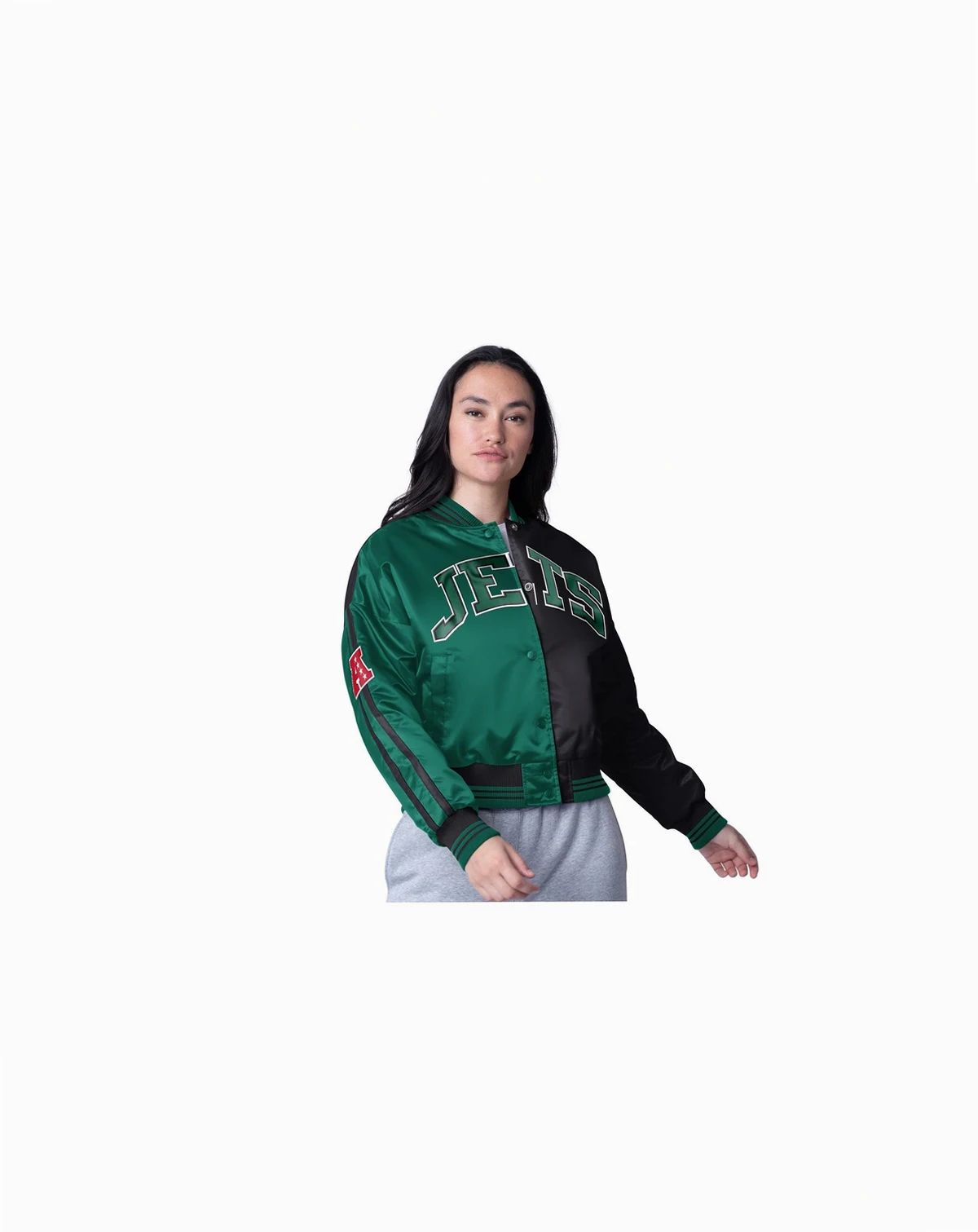 Women's Black/Green New York Jets Cropped Full-Snap Jacket