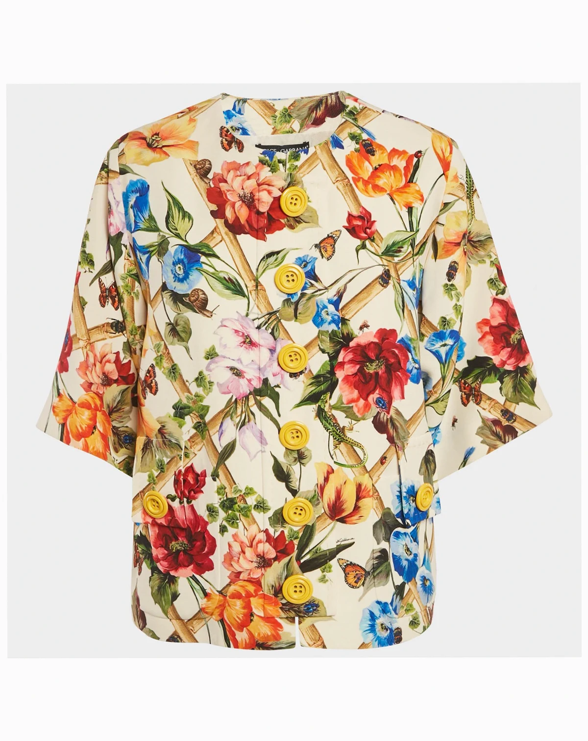 Women's Cream Floral Printed Crepe Button Front Jacket