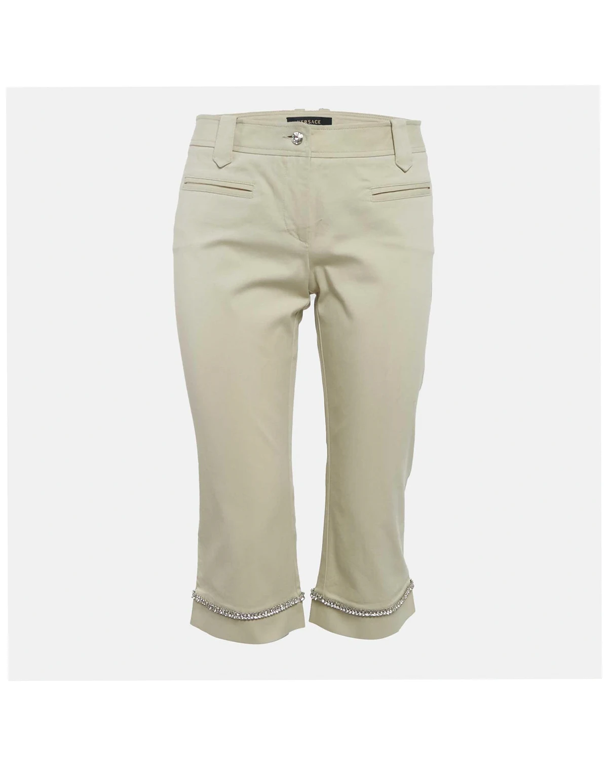 Women's Beige Studded Gabardine Cotton Capri Pants