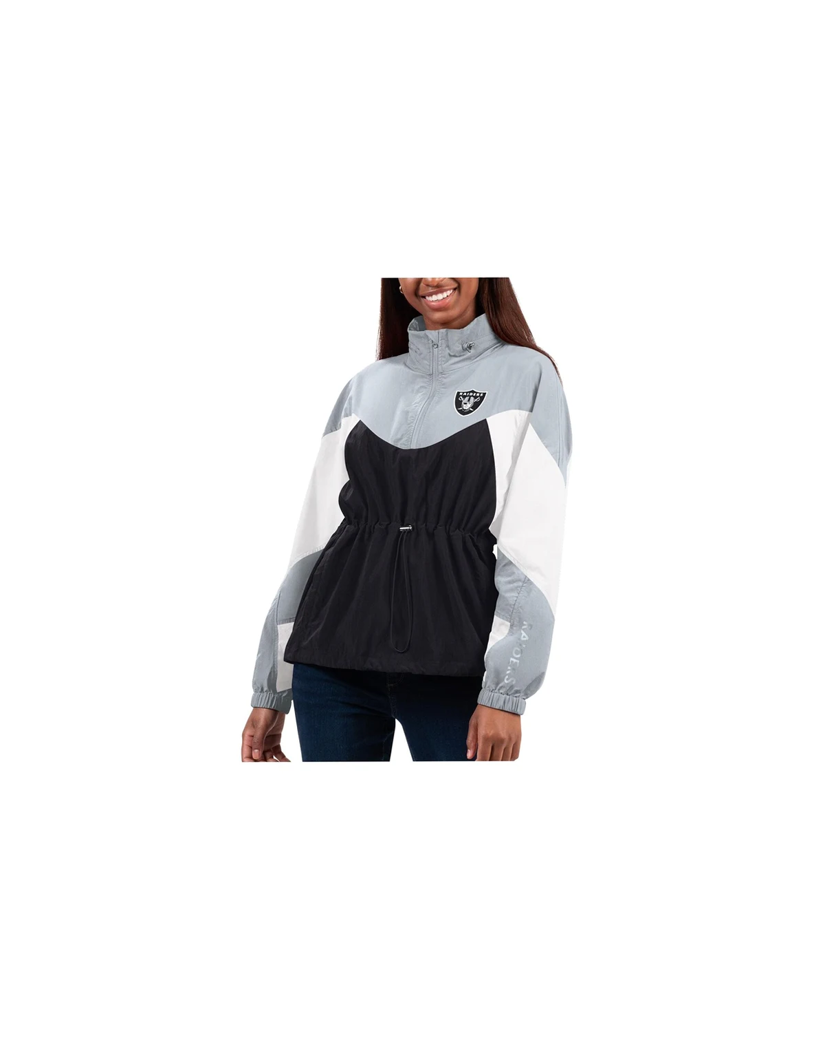 Women's Black, Silver Las Vegas Raiders Tie Breaker Lightweight Quarter-Zip Jacket