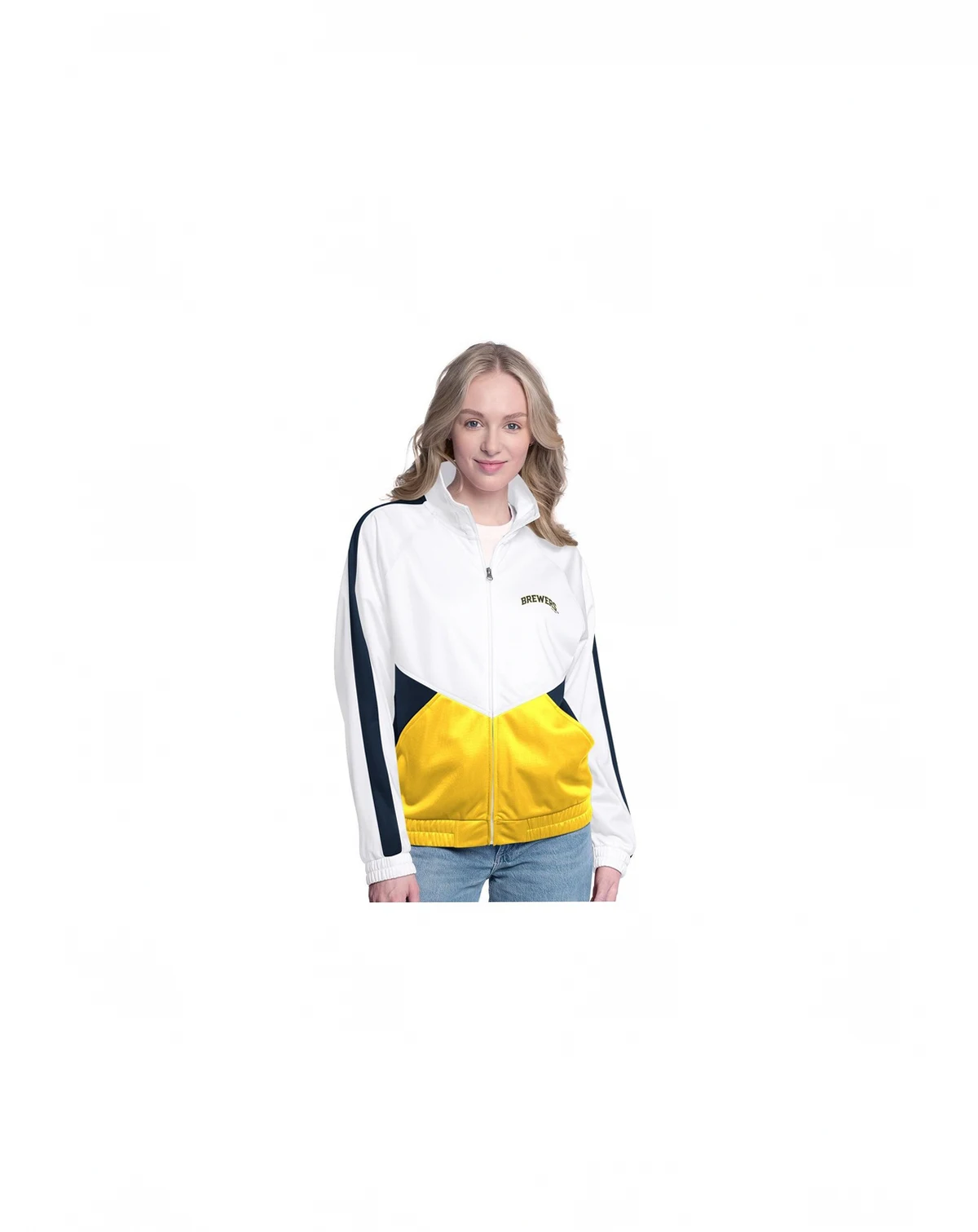 Women's White/Navy Milwaukee Brewers Rally Rhinestone Raglan Full-Zip Track Jacket