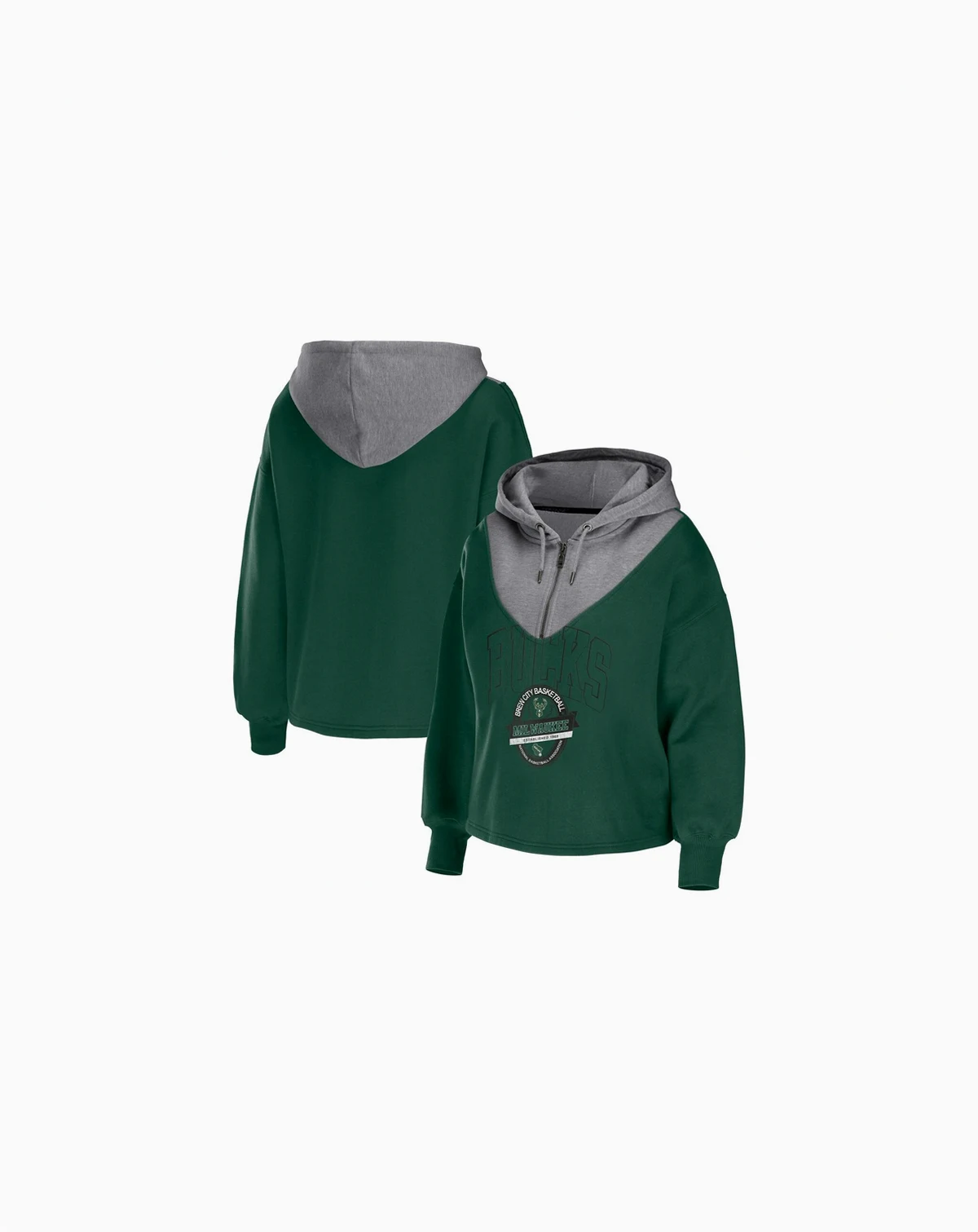 Women's Hunter Green Milwaukee Bucks Pieced Quarter-Zip Hoodie Jacket