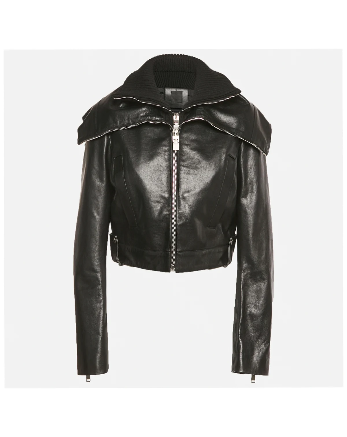 Women's Black Rib Knit And Leather Crop Jacket