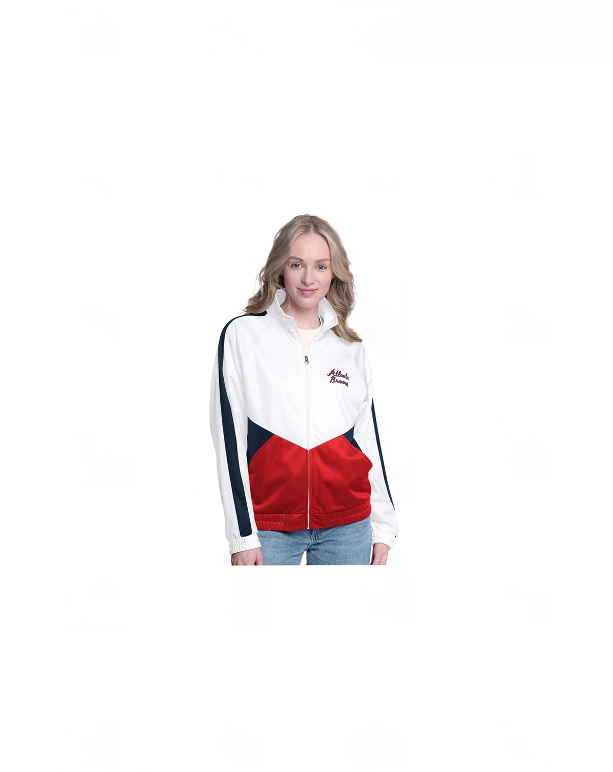 Women's White/Navy Atlanta Braves Rally Rhinestone Raglan Full-Zip Track Jacket