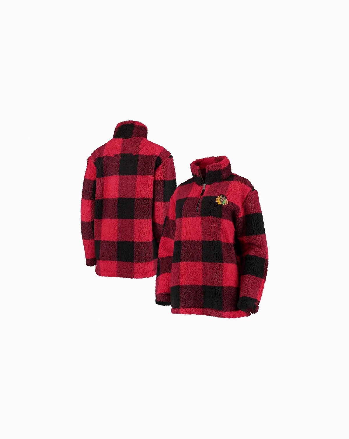 Women's Red, Black Chicago Blackhawks Plaid Sherpa Quarter-Zip Jacket