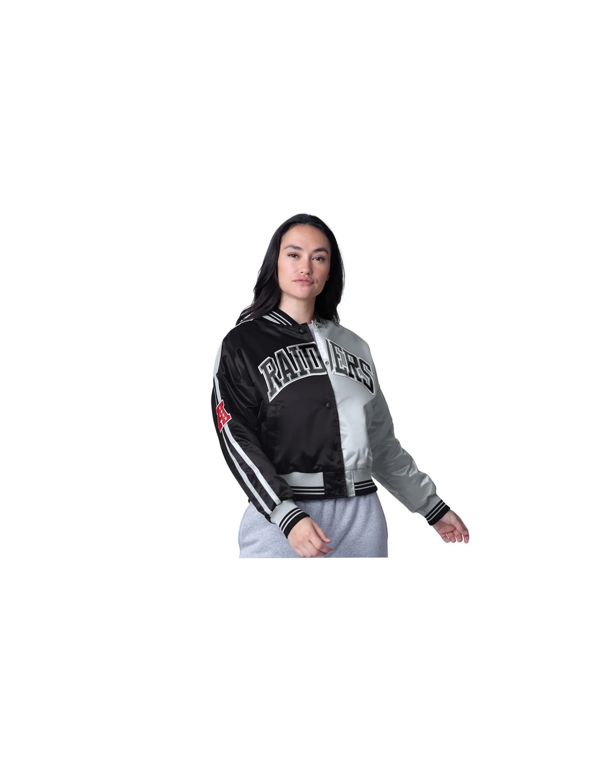 Women's Black/Silver Las Vegas Raiders Zone Blitz Cropped Full-Snap Satin Jacket