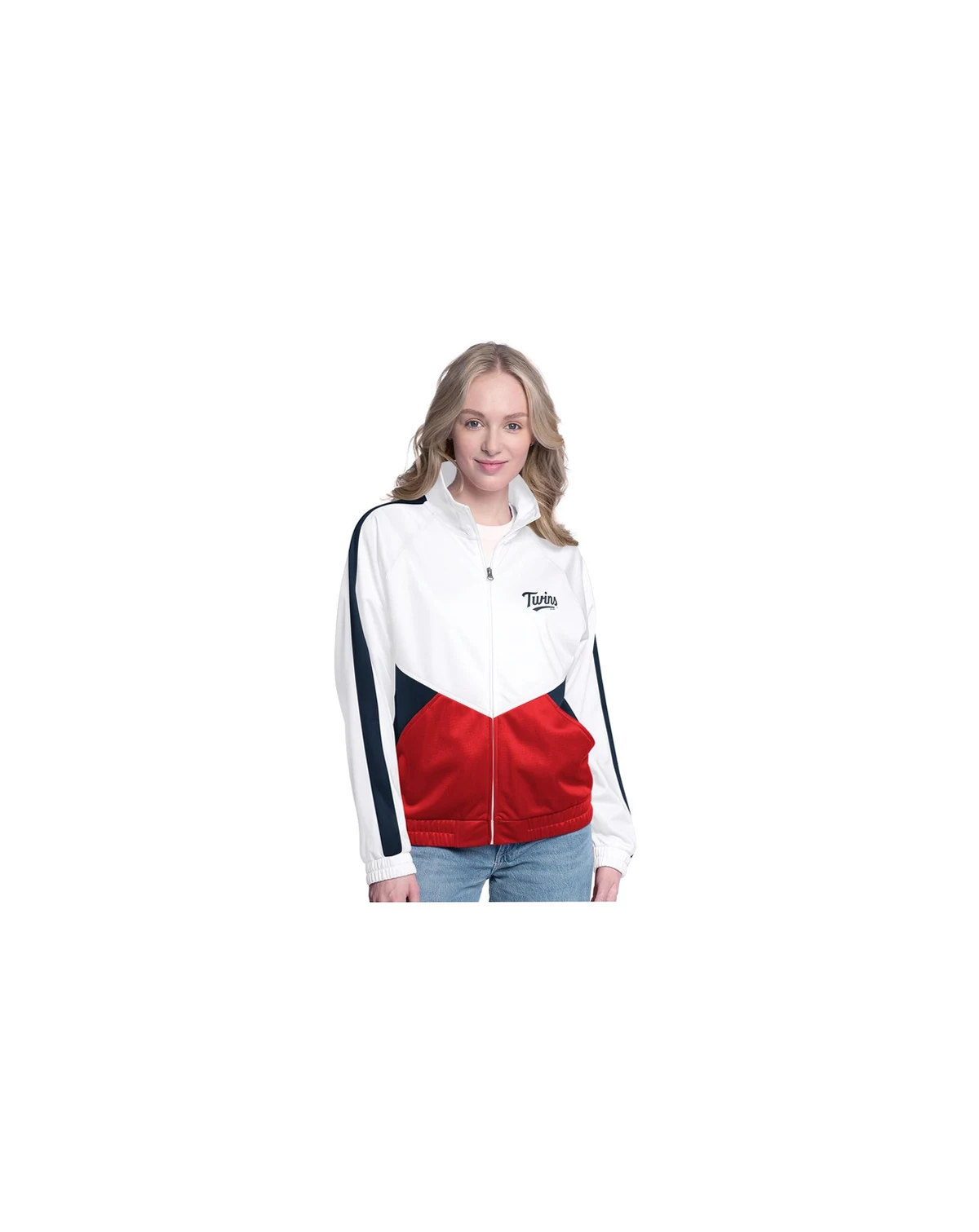 Women's White/Navy Minnesota Twins Rally Rhinestone Raglan Full-Zip Track Jacket