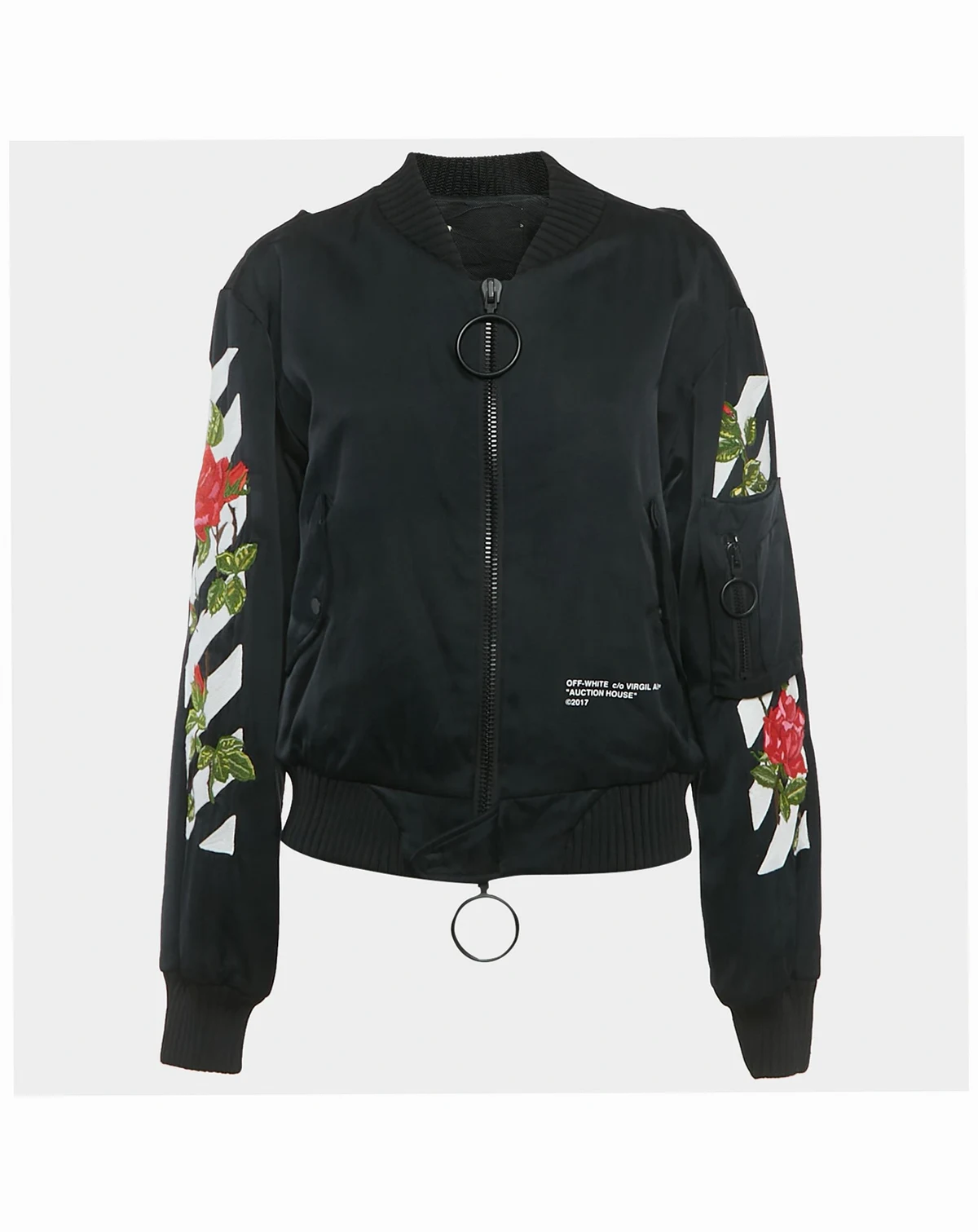 Women's Black Rose And Arrow Embroidered Satin Bomber Jacket