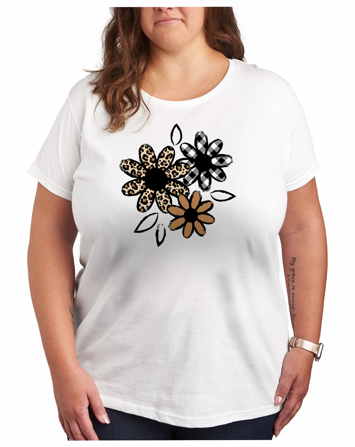 Trendy Plus Size Pattern Flowers Size Graphic Crew Neck T-Shirt