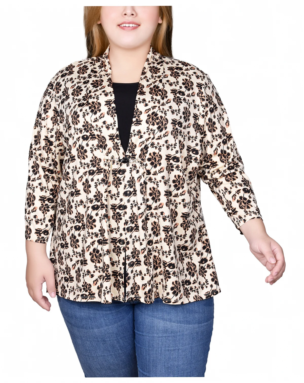Plus Size Puff Print 3/4 Sleeve 2-Fer Top