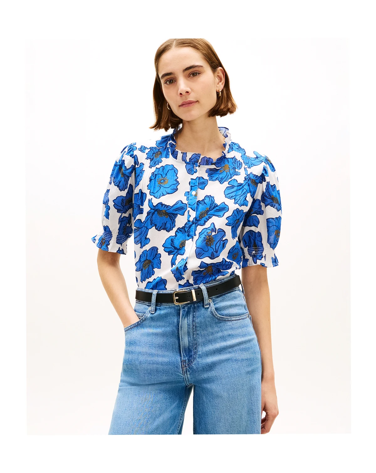 Women's Pin Tuck Cambric Short-Sleeve Blouse Top