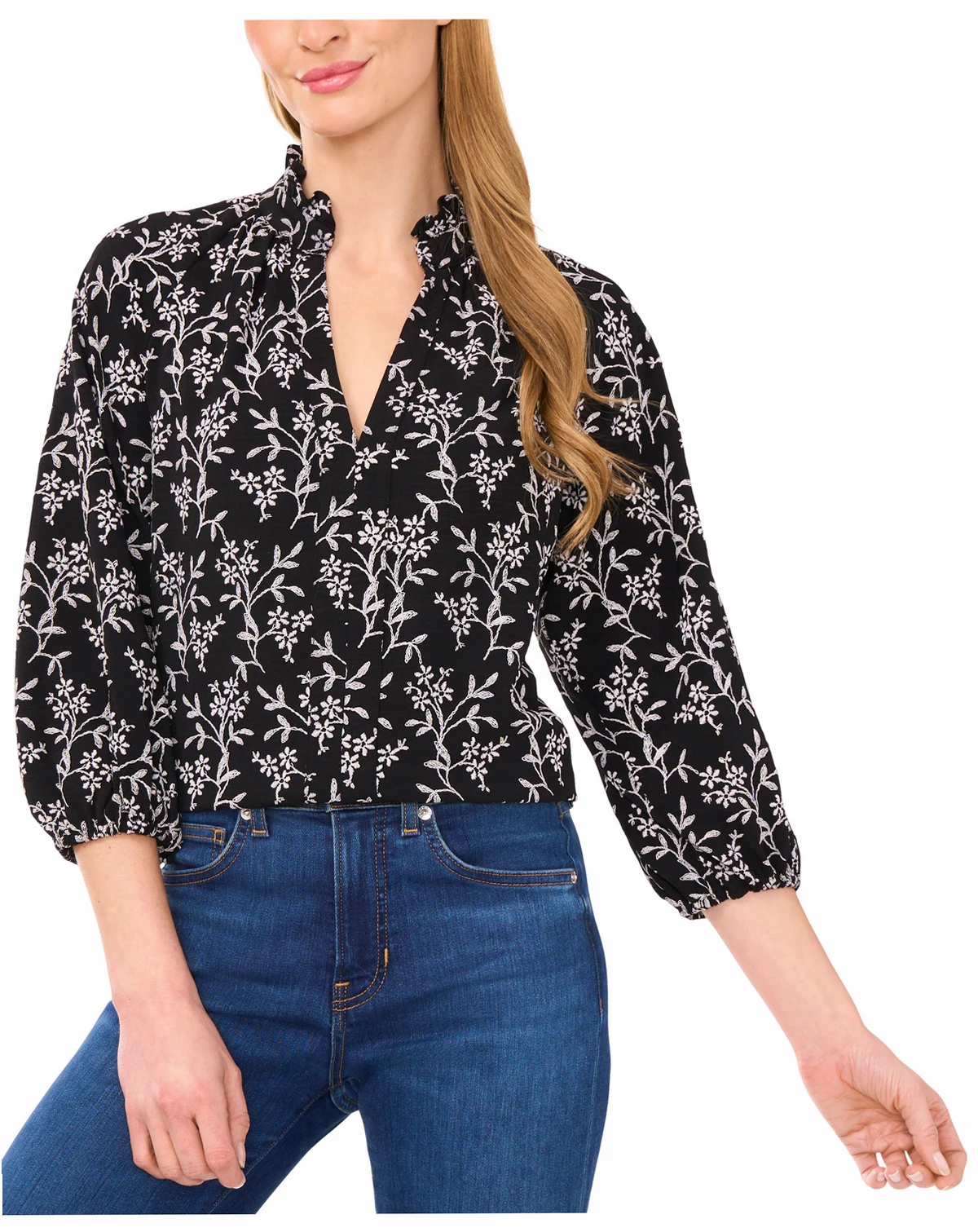 Women's Raglan 3/4-Sleeve Ruffle Neck Top