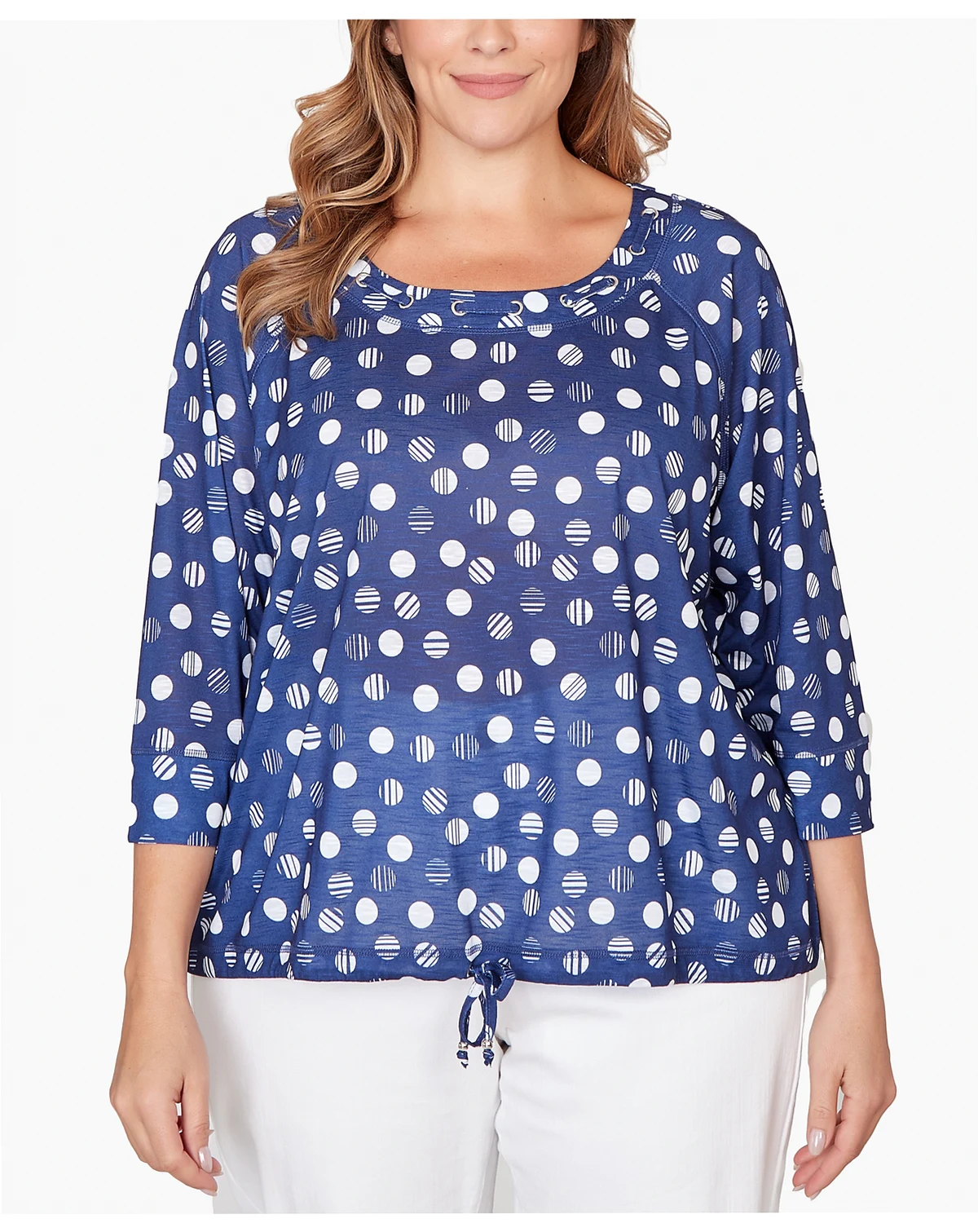 Plus Size Printed Grommet Neck Blouson Top