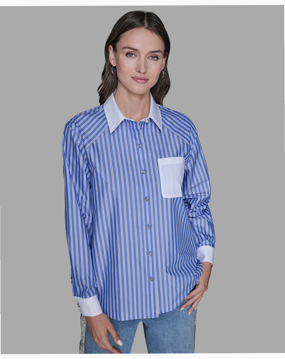 Women's Stripe Contrast Front Button Collar Blouse
