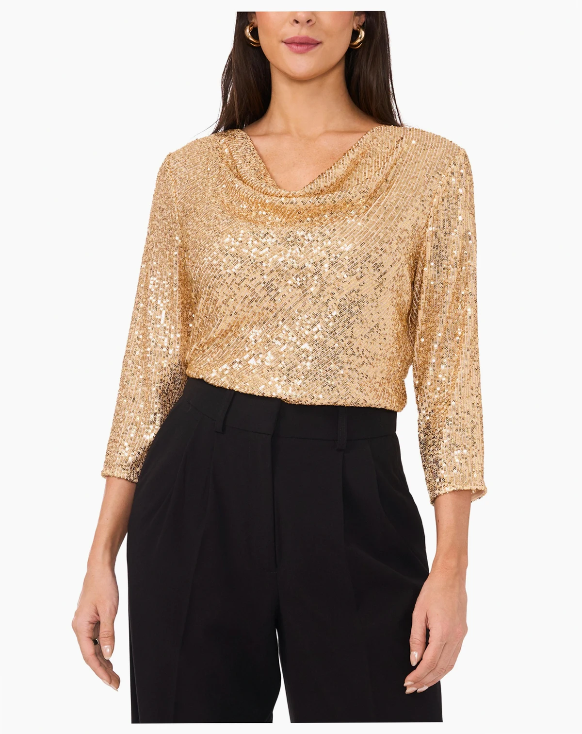 Women's Sequined Cowlneck 3/4-Sleeve Top