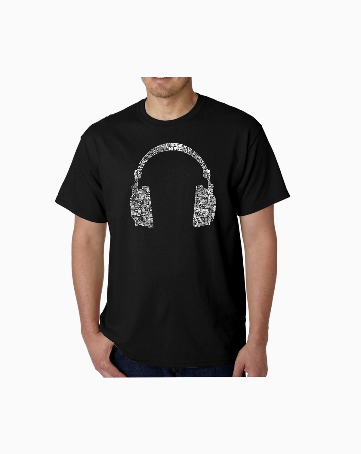 Mens Word Art T-Shirt - Headphones - 63 Genres of Music