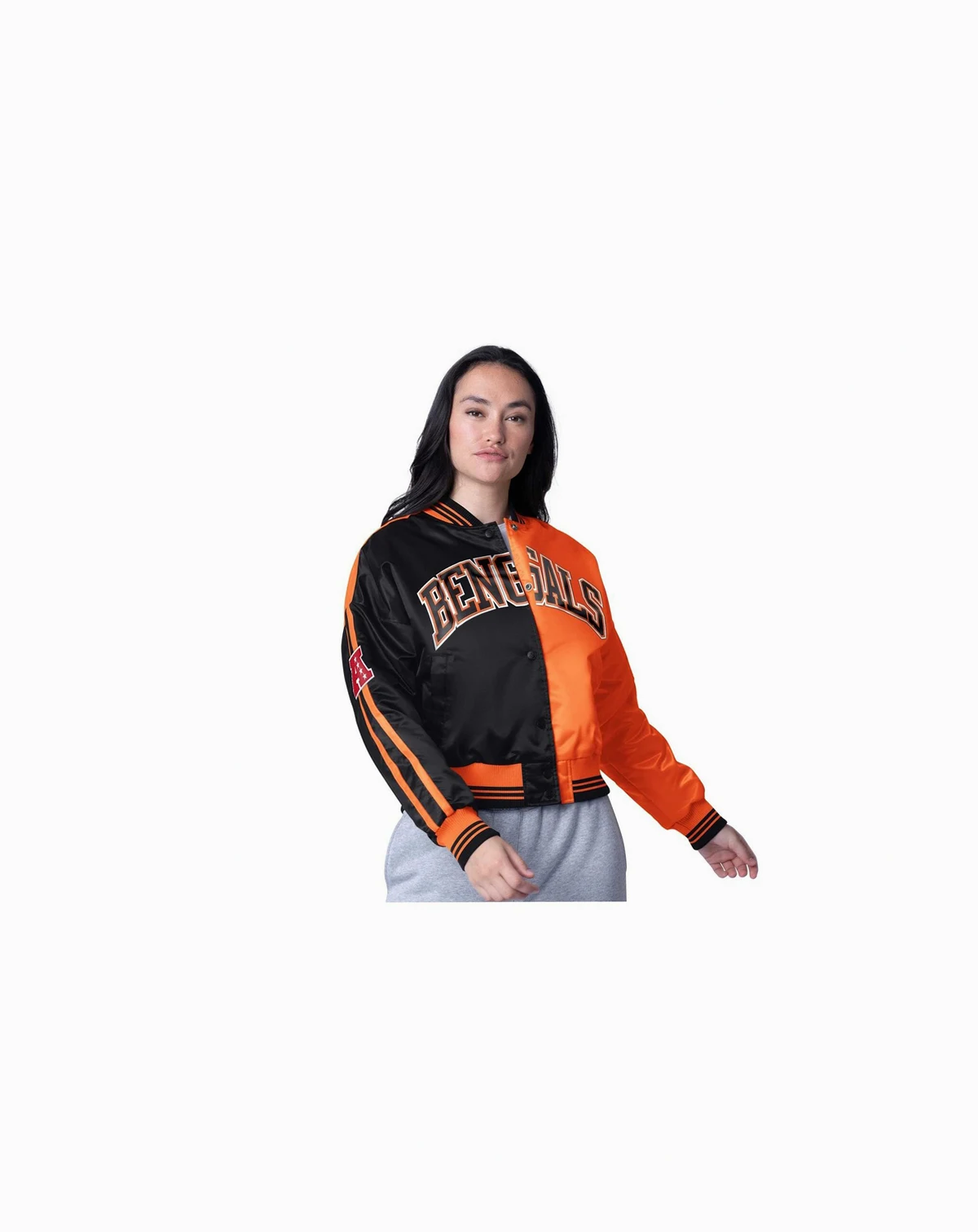 Women's Black/Orange Cincinnati Bengals Zone Blitz Cropped Full-Snap Satin Jacket