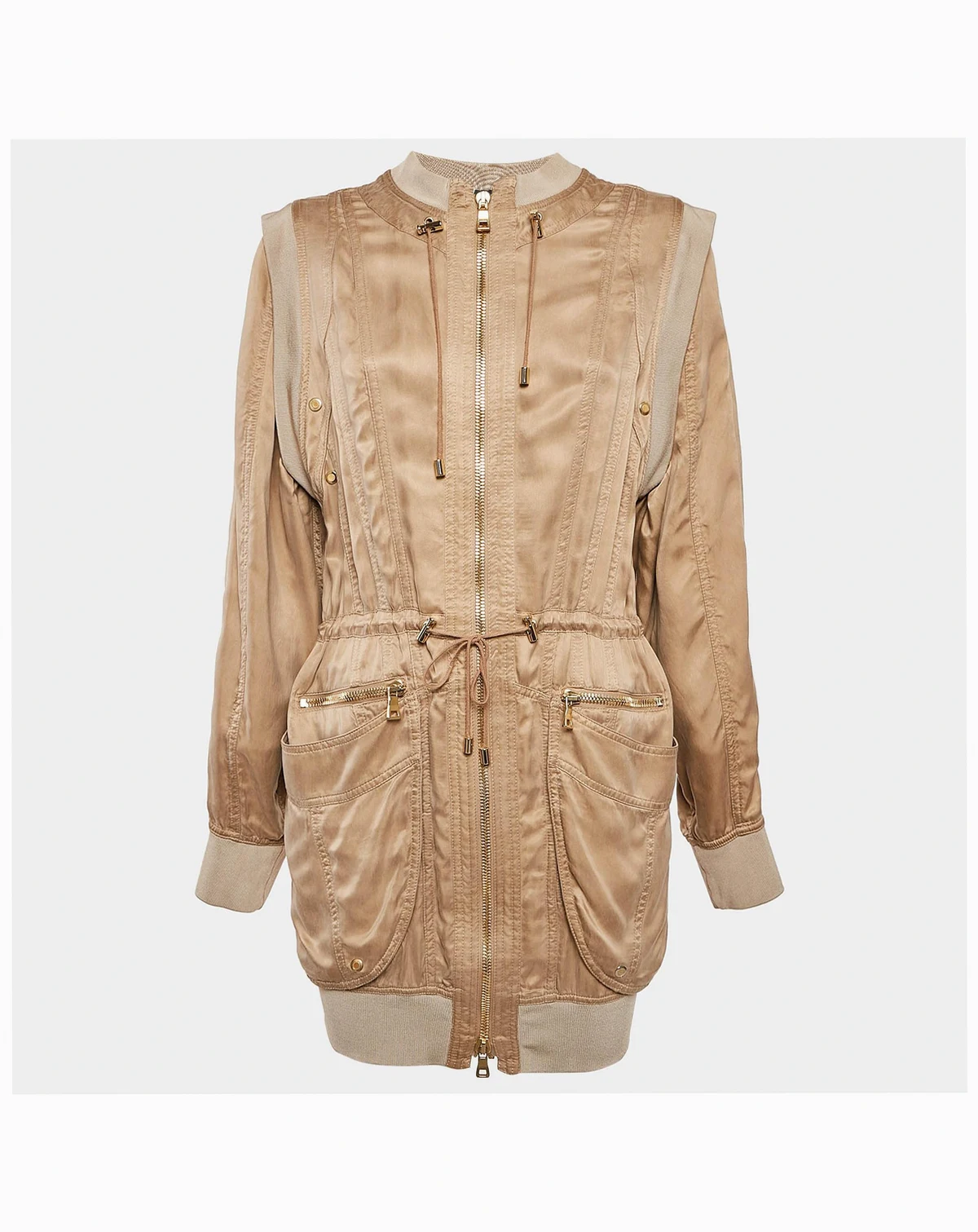 Women's Beige Gabardine Long Zip-Up Jacket