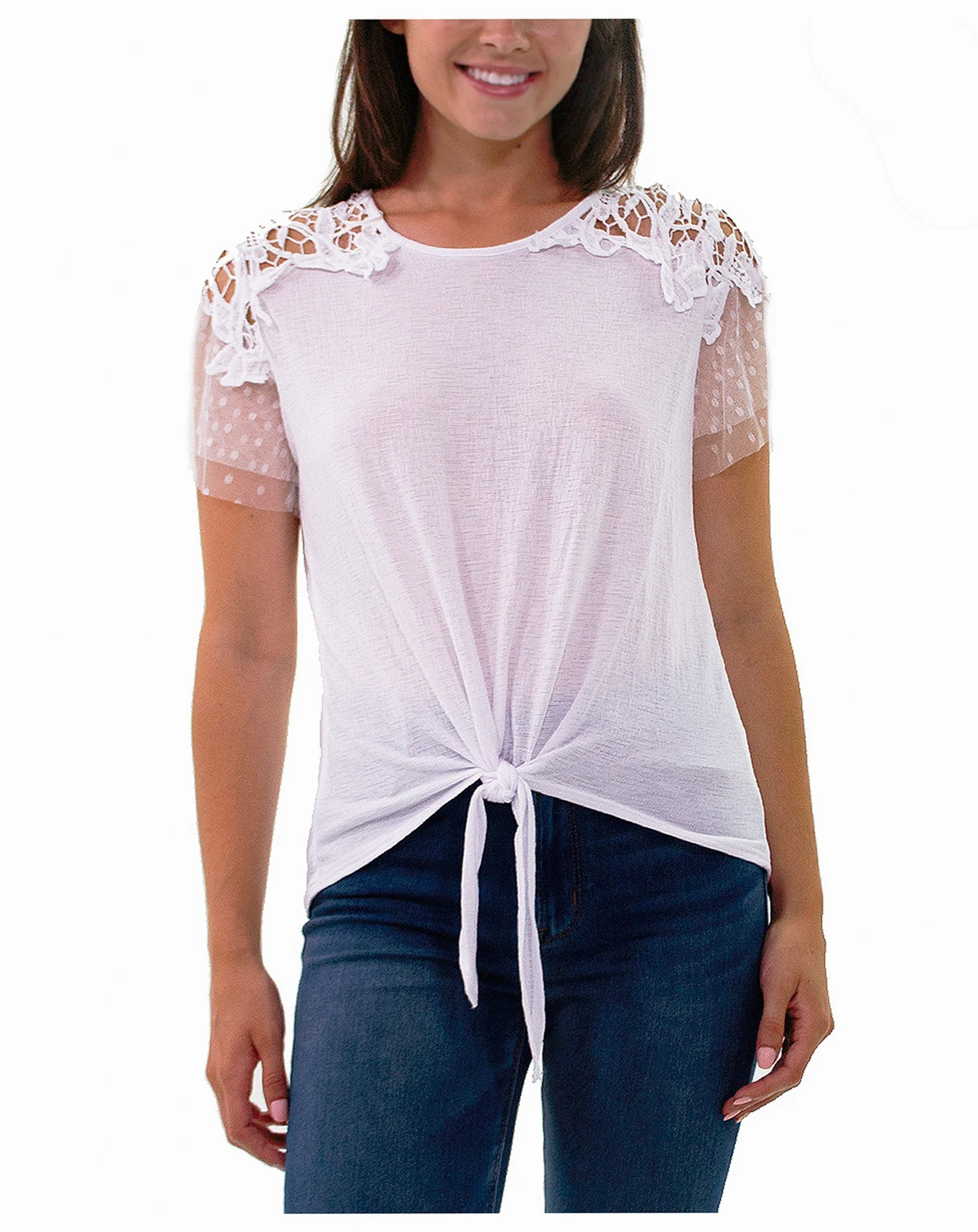 Petite Short Sleeve Lace Detail Top